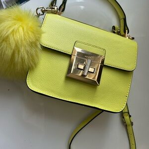 Aldo Neon Yellow Structured Crossbody with Gold Hardware and Pom Pom